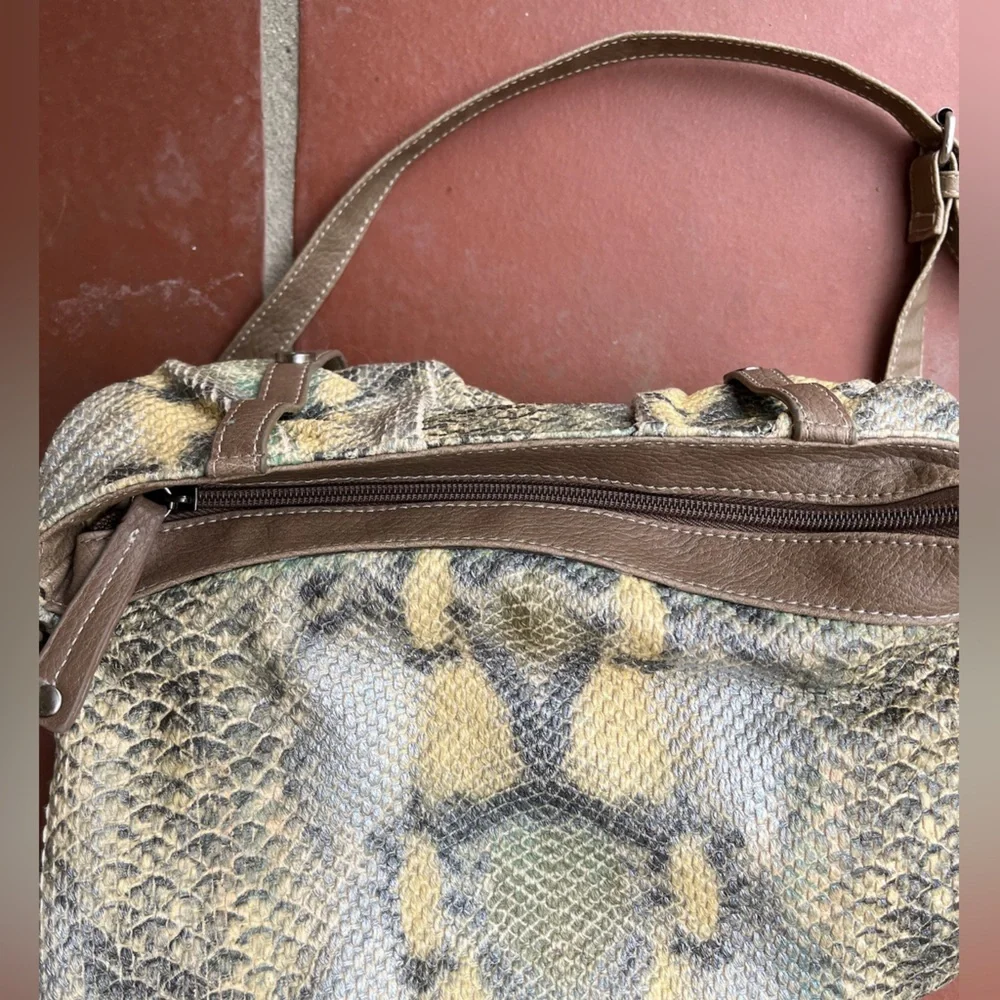 Adolfo Dominguez Snake-Print Clutch in Yellow, Gray, Brown